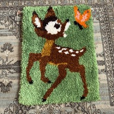 Vintage Disney BAMBI Fawn Deer Butterfly  Latch Hook Rug Wall Art Completed MCM