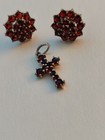 Vintage Vermeil Silver Deep Burgundy Garnet Cluster Post Earrings & Garnet Cross — photo 1