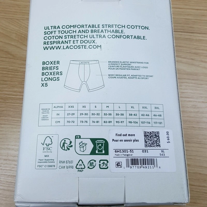 Paquete de 5 calzoncillos boxer LACOSTE para hombre XL negros lisos algodón elástico logotipo de baúl Foto 4 de 4
