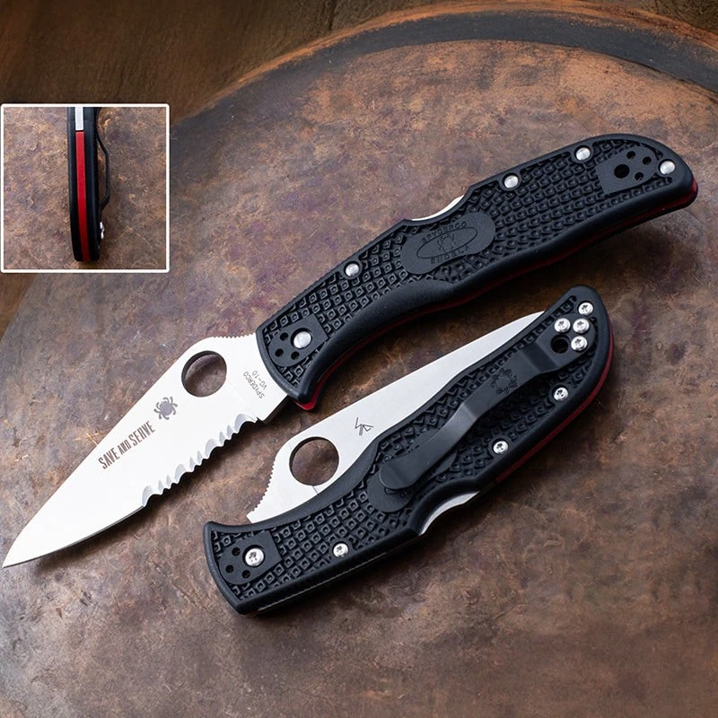 Hoja combinada de acero Spyderco Endela Red Thin Line 3,41" VG10 con mango FRN negro Foto 2 de 4