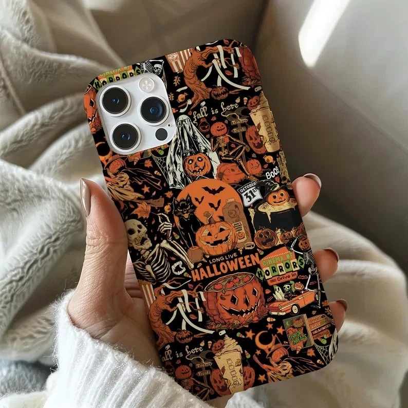 Vintage Halloween Collage iPhone Case with Pumpkin and Skeleton