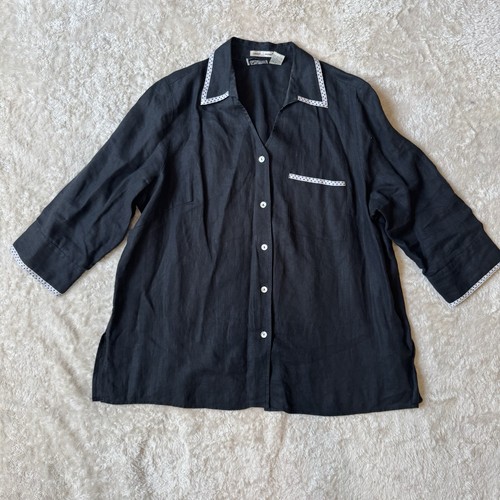 Edward Irish Linen Button Up Blouse Tunic Feminine Black Lightweight Size 1X - Picture 1 of 13