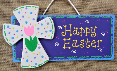 HAPPY EASTER CROSS SIGN Door Wall Art Plaque Hanger Sping Tulip Holiday Season