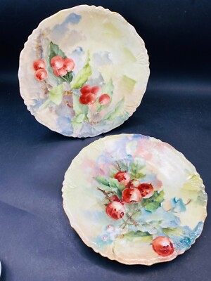 Zwei JPL Pouyat Limoges 1901 handbemalte rote Beere 8,5'' signierte Kabinettteller 0,2