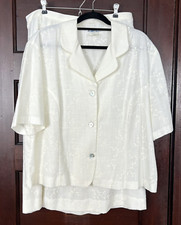 Linen Look Skirt Suit Woman's 1X White Embroidered Flowers Usa Made VTG Retro
