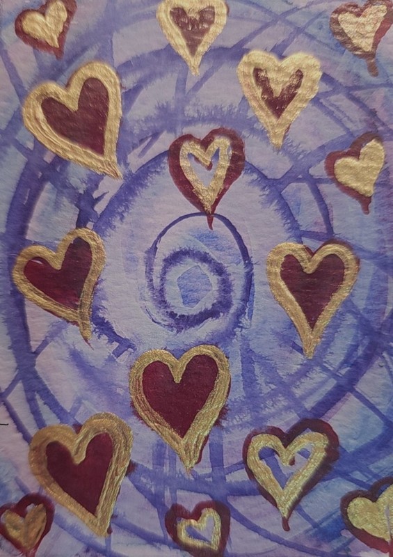 ACEO Original Mixed Media Painting, 2.5 × 3.5 in,  Hearts, ShineGoldenArt