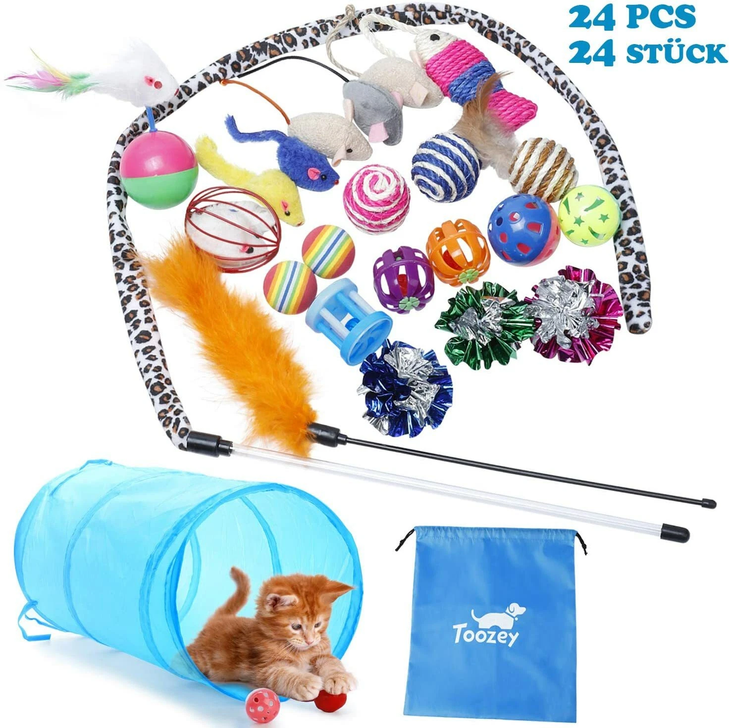 24pcs Interactive Cat Kitten Toys Set with Foldable Tunnel Mouse Feather Bells
