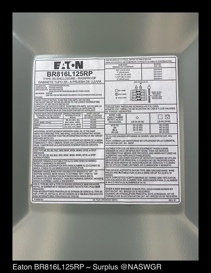 Eaton BR816L125RP ~ Eaton BR Main Lug Load-Center - Unused - Image 2 of 4