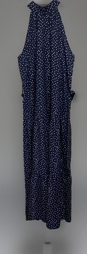 Womens Maxi Dress Satin Sleeveless Ruffle Hem Blue White Polka Dot Belted Size L