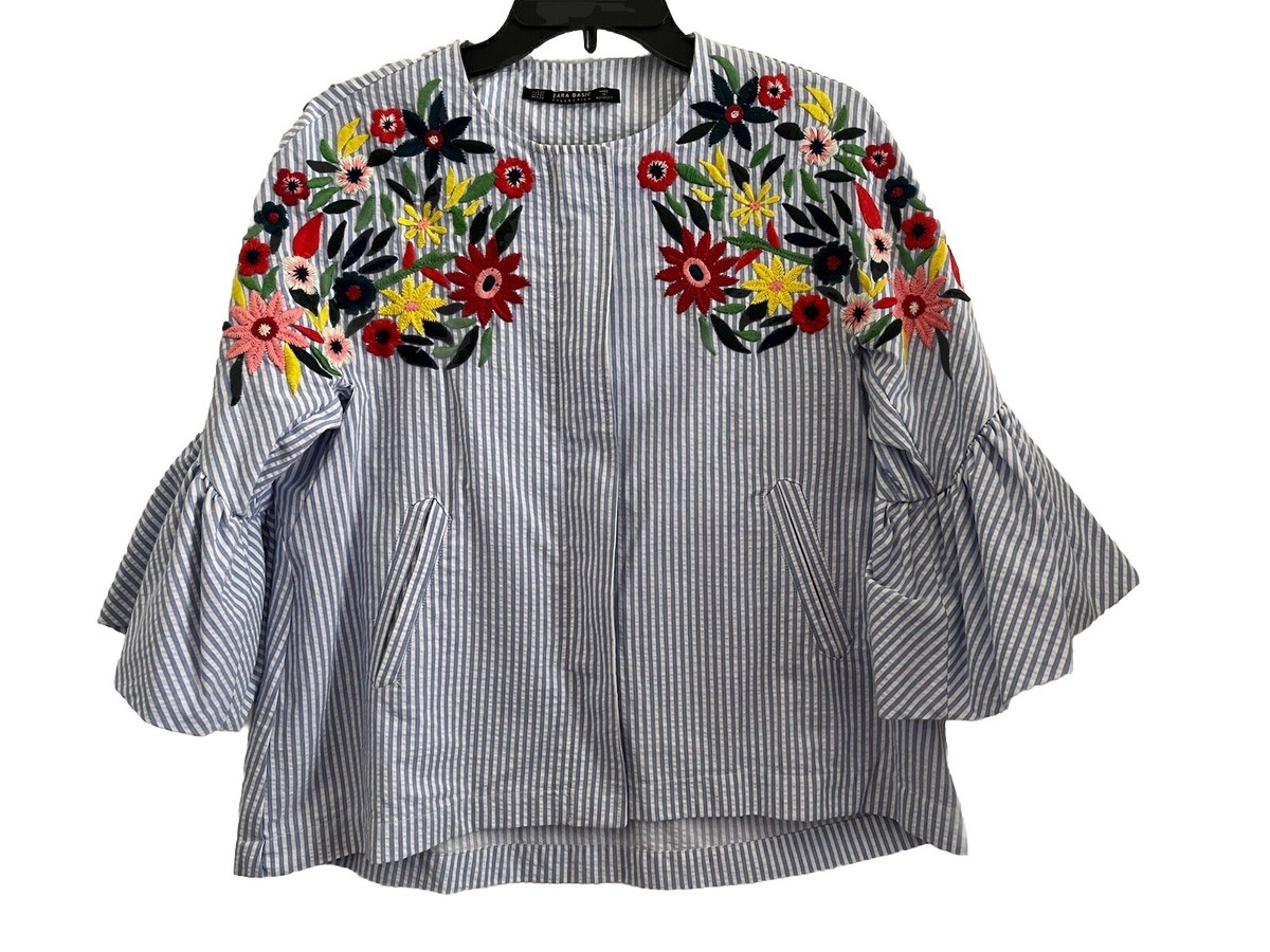 Zara Basics Blue Seersucker Embroidered Jacket Zip Front Ruffled