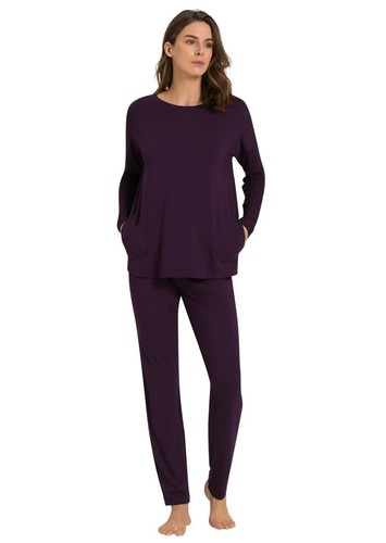 HANRO Women's Natural Elegance Long Sleeve Pajama Set Black Caviar XS - 第 1/2 張圖片