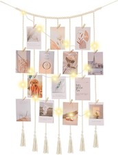 Macrame Hanging Photo Display Boho Wall Decor with String Lights Wooden Beads