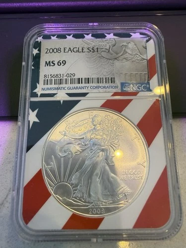 2008 American Silver Eagle NGC MS69 -special Flag Holder. NGC