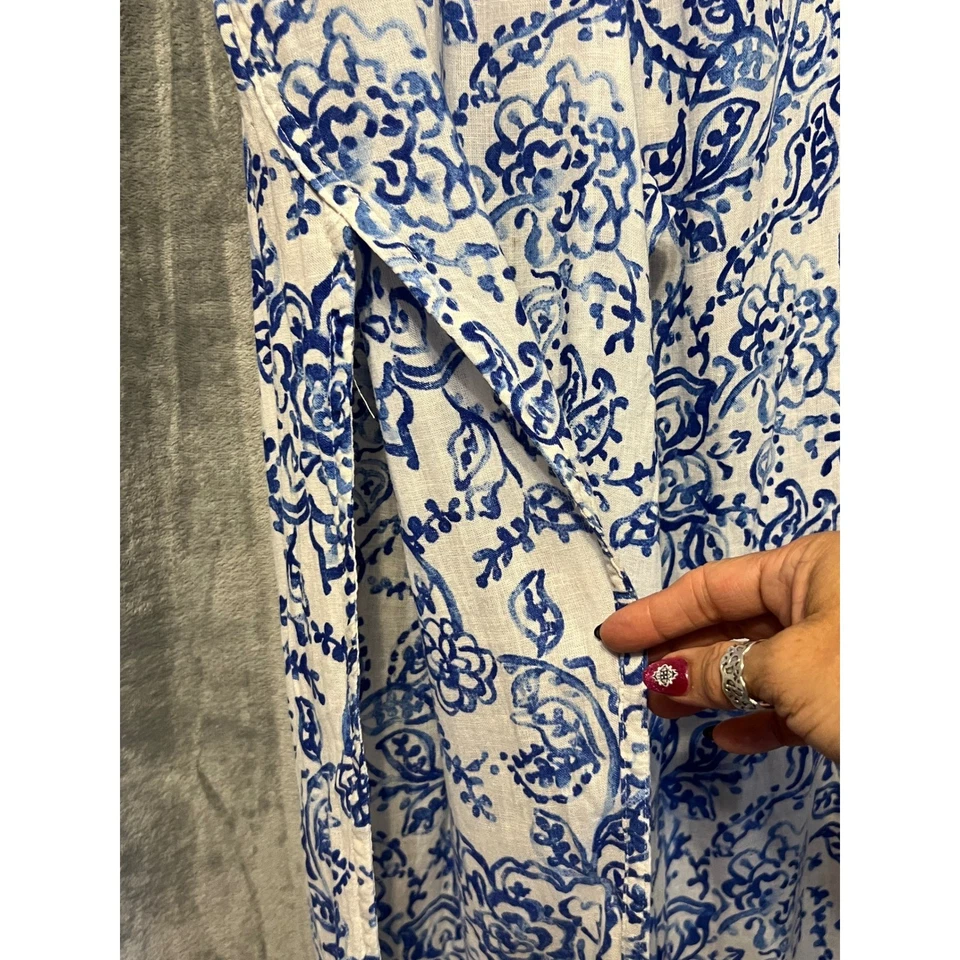 Pantalones Caroline Constas Azul Blanco Estampado Floral Lino Pierna Ancha Lado Grande Foto 3 de 4