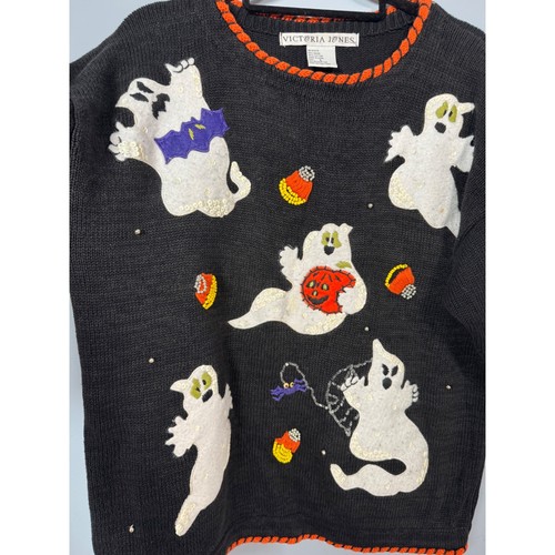Vintage Victoria Jones Damen L Halloween schwarz Pullover Geister Applikationen Zuckermais - Bild 5 von 14