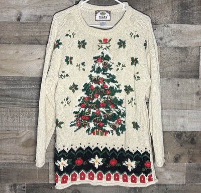 Vintage 90s Tiara International Ivory Cream Christmas Tree Sweater Womens Medium