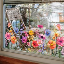 Flower Garden Window Stickers, Wildflower Grass Door Decals, Lily Peony Poppy...