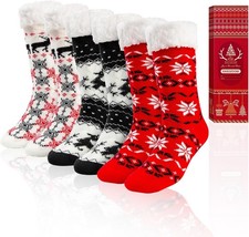 3 Pairs Women's Non-Slip Slipper Socks Sherpa Fleece Lined Christmas Gift