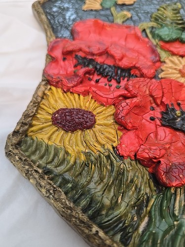 OOAK Vtg 3D Poppies/ Daisies Composit Botanical Boho Moody Jewel Tones Folk Art - Picture 3 of 17