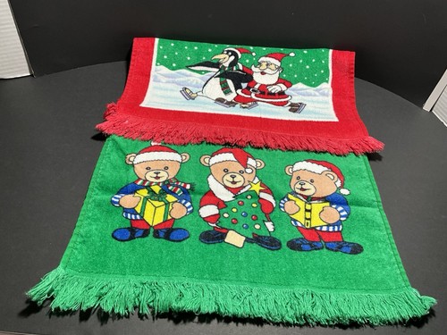 Hand Towel Christmas Terry Cloth Cotton Fringe Santa Penguin Snow Bears 24”x15”