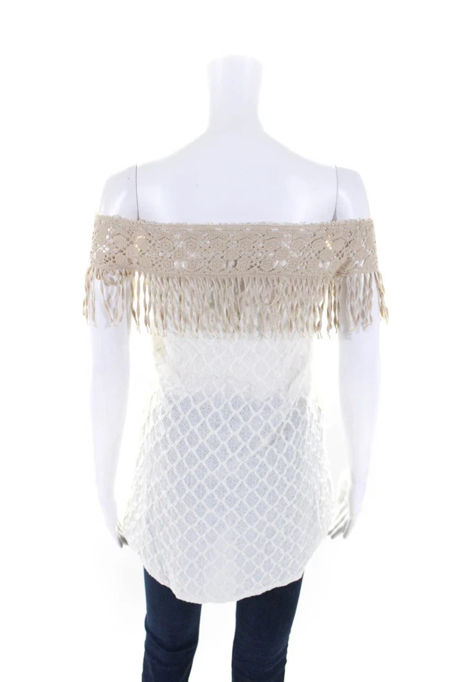 Jen's Pirate Booty Women's Boat Neck Fringe Sleeveless Blouse Beige Size XS - Image 3 of 4