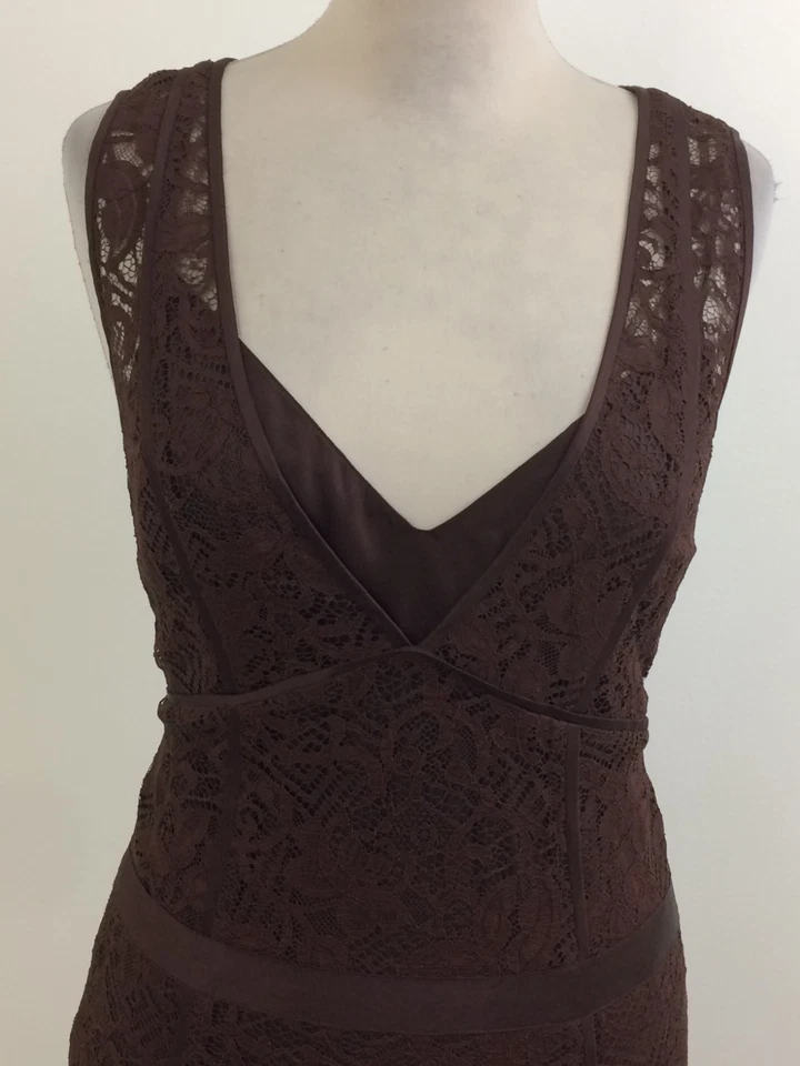 Vestido para mujer DKNY talla 8 marrón crochet encaje forrado midi usado F1 Foto 2 de 4