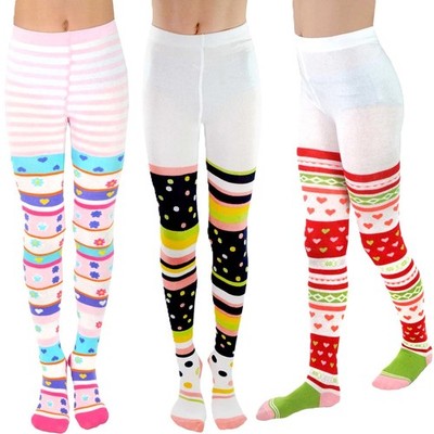 Little Girls Fashion Casual Cotton Tights 3 Pairs Stripes Hear Flowers 9-10