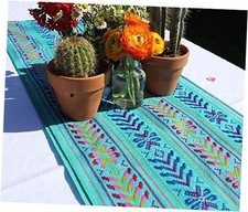 Woven Rebozo Style Mexican Table Runner Scarf  Turquoise