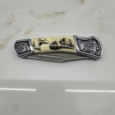 Engraved Handle Folding Pocketknife Stainless Steel Clip Point Cream Silver