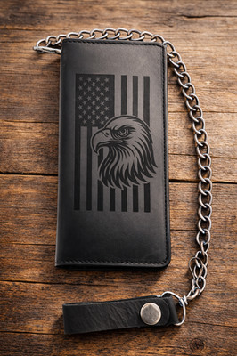 US Flag Eagle Genuine Leather Biker Long Wallet With Chain Black Bi-Fold Wallet