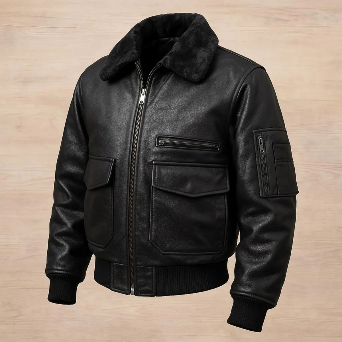 Men's Black Faux Fur Collar A2 Genuine Sheepskin Leather Bomber