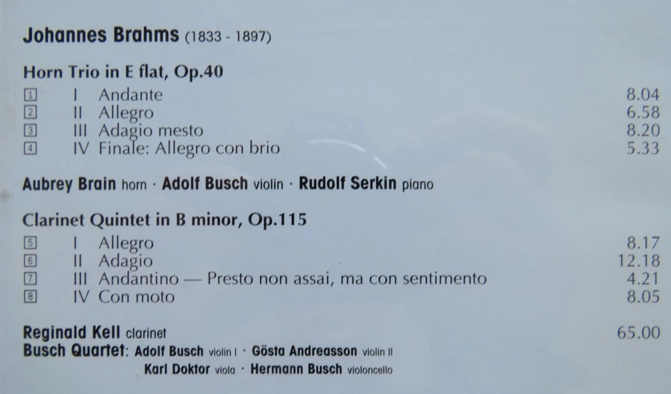 BRAHMS - Horn Trio / Clarinet Quintet BRAIN / KELL Busch Trio - Ex CD Testament - Image 3 of 3