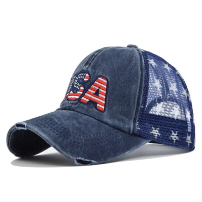 Blue USA American Flag Trucker Cap - Washed Distressed Embroidery - Adjustable