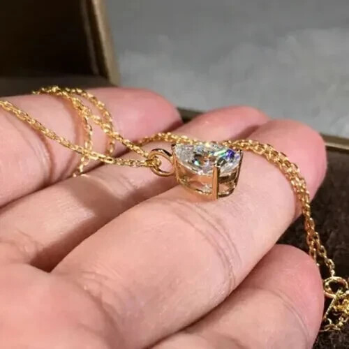2 Ct Pear Cut Lab Created Solitaire Pendant 14K Yellow Gold Plated Free Chain - Picture 2 of 4