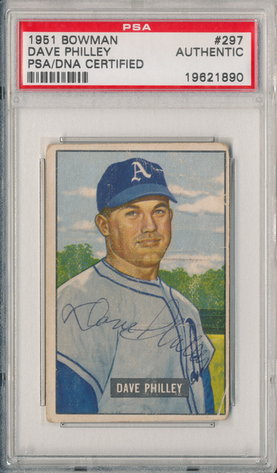 1951 Bowman DAVE PHILLEY #297 Signed Auto Slabbed Card Athletics High # PSA/DNA