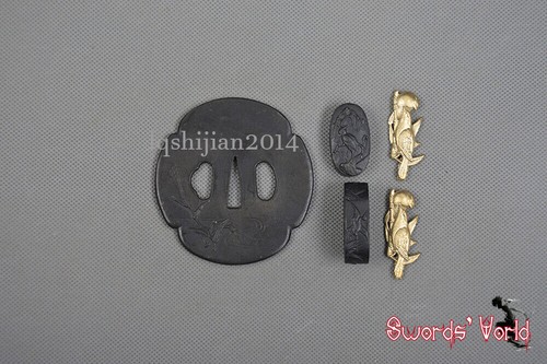 Stainless Steel TSUBA SET Hand guard Kashira Fuchi Brass Menuki Sword Accessary - Picture 2 of 3