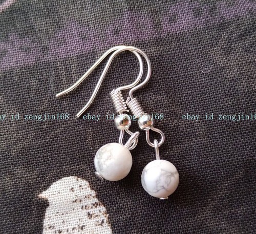 8mm White Howlite Beads Drop Earrings Natural Stone Tone Hook Gemstone Simple - Picture 7 of 12