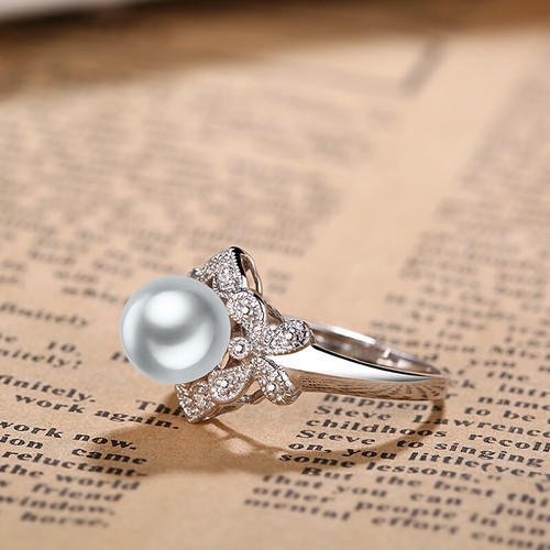 Round 11mm Pearl Diamonds Luxurious Generous Special Ring Solid 14k White Gold - Picture 8 of 9