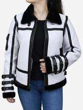 Women White Shearling Bomber Leather Jacket Aviator Style Fur Coat Collar Strap