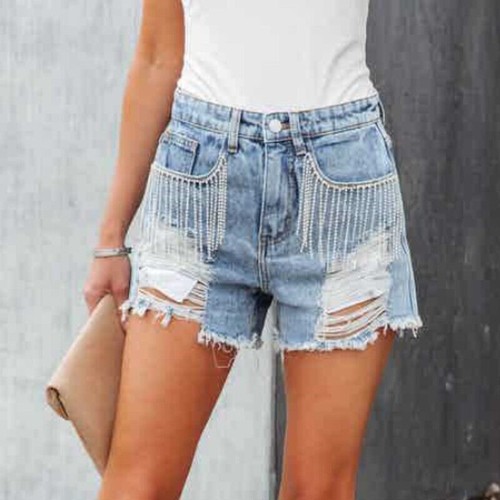 Womens High Waist Tassel Chain Ripped Jeans Denim Shorts Summer Casual Hot Pants - Picture 7 of 11