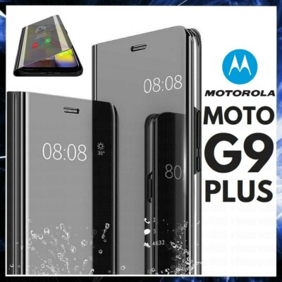 FLIP COVER FOR MOTOROLA MOTO G9 PLUS BLACK BOOK CASE MIRROR CLEAR VIEW 360