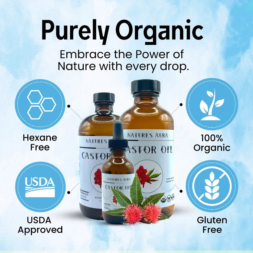 Aceite de ricino orgánico Natures Aura - vidrio (2 oz) | prensado en frío, sin hexano, USDA Foto 3 de 4