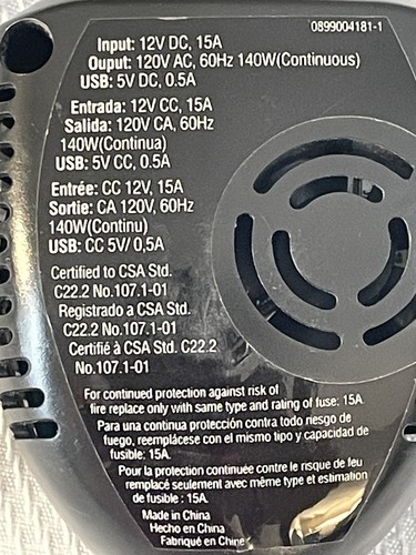 Output 120V AC 60HZ USB 5V Schumacher 140 power inverter P1-140 Input 12V DC15A - Picture 2 of 8