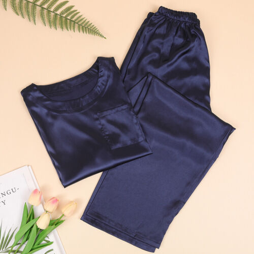 Damen Seide Satin Pyjama Set Nachtwäsche Kurzarm Shirts Lange Hosen Nachtwäsche - Bild 20 von 28