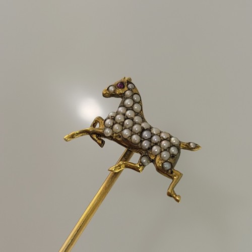 14K Gold Stick Pin by A.J. HEDGES Equestrian Horse w/ seed pearls & ruby eye - Picture 4 of 7