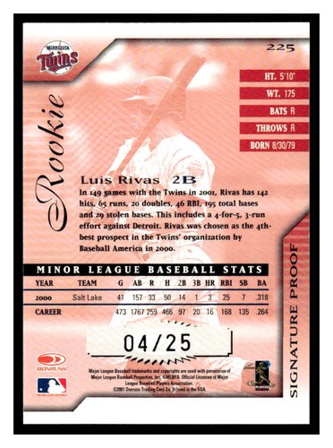 2001 Donruss Signature #225 Luis Rivas Proofs #/25 - Picture 2 of 2