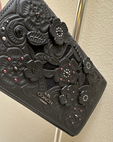 COACH TEA ROSE & TOOLING FOLD OVER BLACK CLUTCH/CROSSBODY MIXED LEATHERS 12057 - Picture 16 of 24