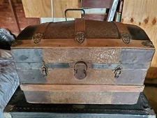 Curved Top Steamer Trunk Scroll Pattern Embossed Tin Panels Antique 1890's