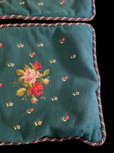 Vintage Needlepoint Pillow Covers Shams Green Floral GORGEOUS Plaid Back 17x20" - Picture 5 of 10