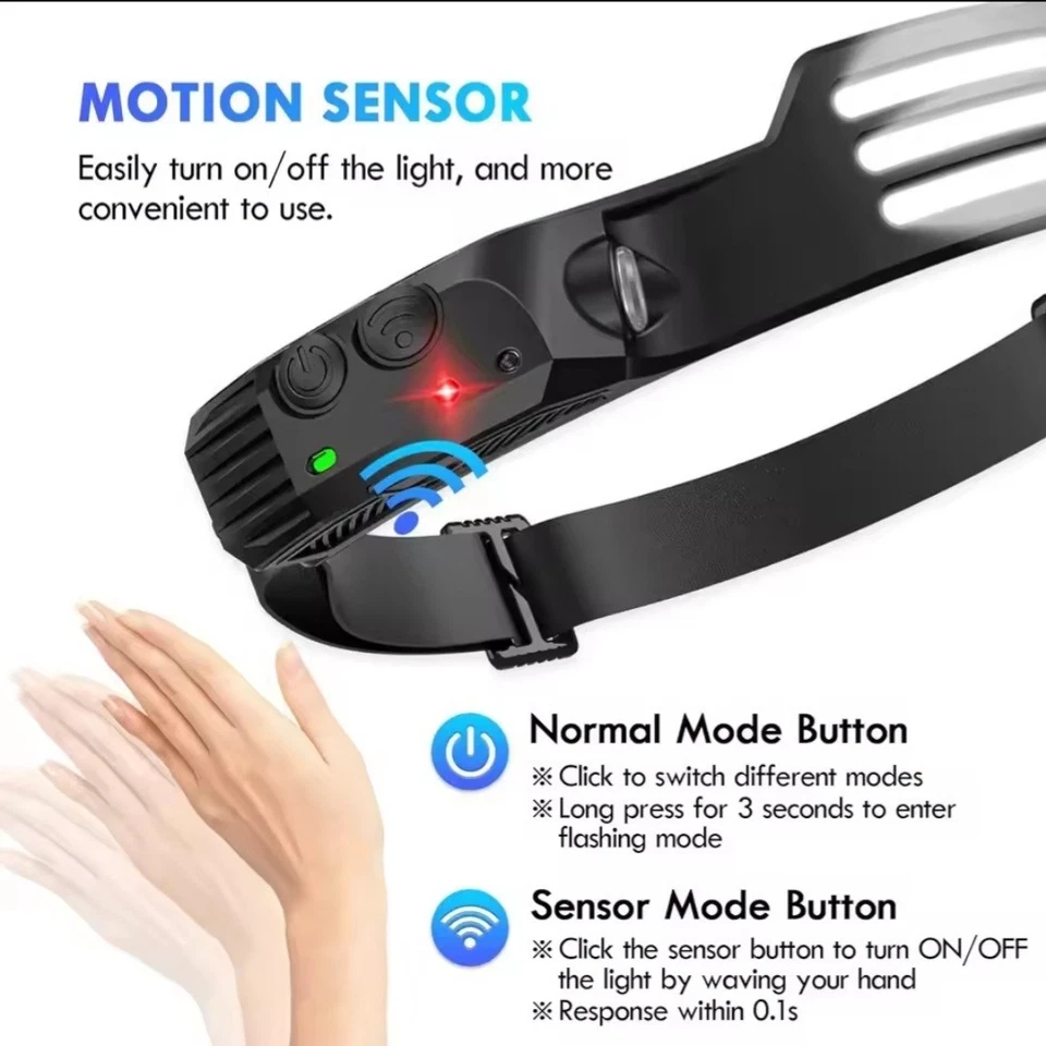 LED headlamp COB 10W USB rechargeable waterproof - motion sensor, camping - Image 4 of 4